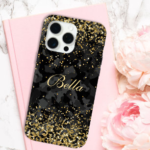 Modern Zwart Goud Glitter Girly gepersonaliseerde  iPhone 15 Pro Max Hoesje