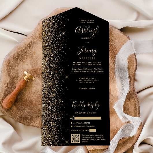 Modern Zwart Goud Glitter QR Code Wedding All In One Uitnodiging