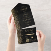 Modern Zwart Goud Glitter QR Code Wedding All In One Uitnodiging (Afscheurbaar)