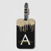 Modern Zwart Goud Glitter Sparkle Monogram Bagagelabel (Voorkant (verticaal))