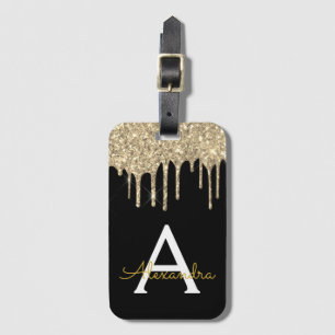 Modern Zwart Goud Glitter Sparkle Monogram Bagagelabel