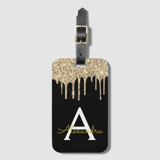 Modern Zwart Goud Glitter Sparkle Monogram Bagagelabel (Voorkant (verticaal))