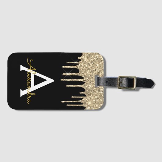 Modern Zwart Goud Glitter Sparkle Monogram Bagagelabel (Voorkant (horizontaal))