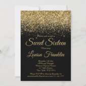 Modern Zwart & Goud Glitter Sweet 16 Uitnodiging (Voorkant)
