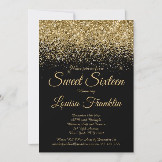Modern Zwart & Goud Glitter Sweet 16 Uitnodiging (Voorkant)