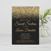 Modern Zwart & Goud Glitter Sweet 16 Uitnodiging (Staand voorkant)