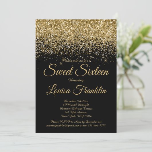 Modern Zwart & Goud Glitter Sweet 16 Uitnodiging (Staand voorkant)