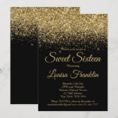 Modern Zwart & Goud Glitter Sweet 16 Uitnodiging (Voorkant / Achterkant)