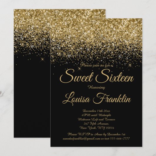 Modern Zwart & Goud Glitter Sweet 16 Uitnodiging (Voorkant / Achterkant)