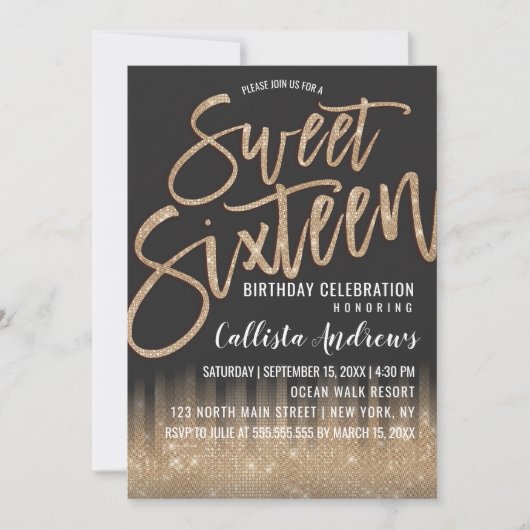 Modern Zwart Goud Glitter Typografie Sweet 16 Kaart (Voorkant)