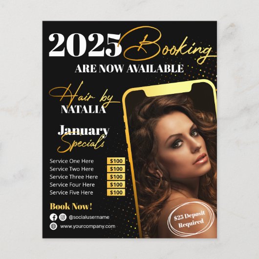Modern Zwart Goud Haar Salon 2025 Boeking Flyer (Voorkant)