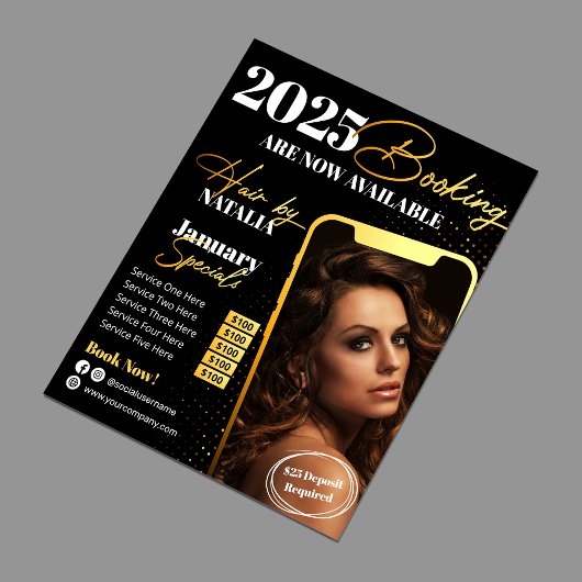 Modern Zwart Goud Haar Salon 2025 Boeking Flyer