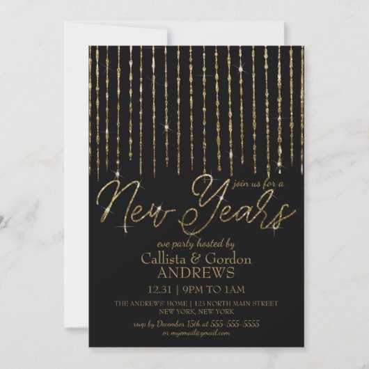Modern Zwart Goud Hanging Glitter New Years Eve Kaart (Voorkant)