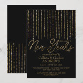 Modern Zwart Goud Hanging Glitter New Years Eve Kaart (Voorkant / Achterkant)