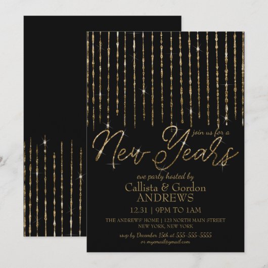 Modern Zwart Goud Hanging Glitter New Years Eve Kaart (Voorkant / Achterkant)