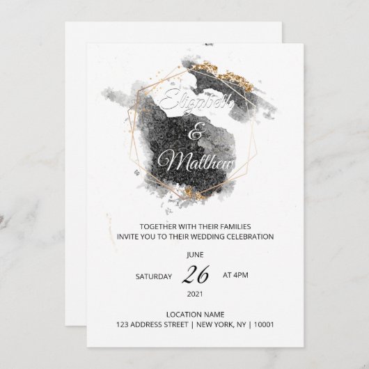 Modern Zwart & Goud Hexagon Waterverf bruiloft Kaart (Voorkant / Achterkant)
