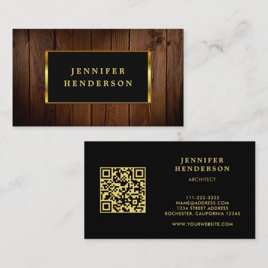Modern zwart goud hout QR code professional Visitekaartje (Voorkant / Achterkant)