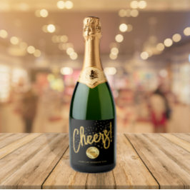 Modern Zwart Goud Juicht Nieuwjaar Zakelijke Typo Sparkling Wijnetiket