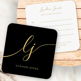Modern Zwart Goud Kalligrafie Cadeaubon Vierkante Visitekaartjes