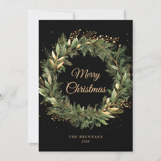 Modern Zwart Goud Kerstmis Groen Botanisch Feestdagenkaart (Voorkant)