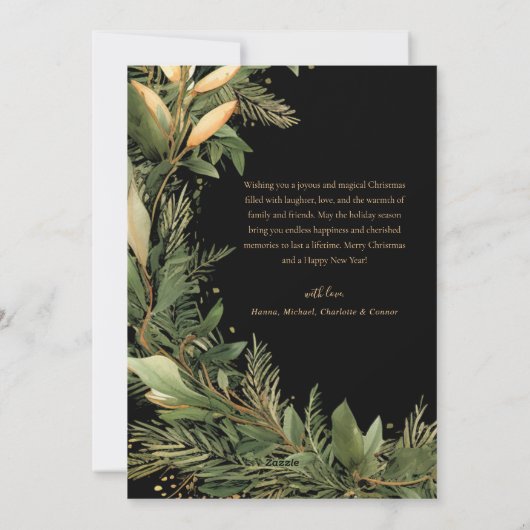 Modern Zwart Goud Kerstmis Groen Botanisch Feestdagenkaart (Achterkant)