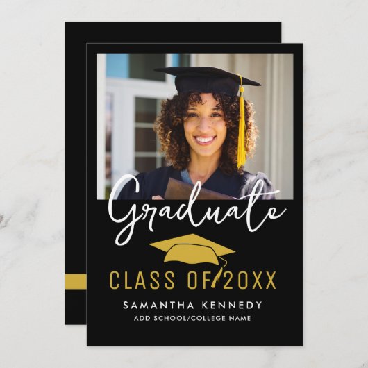 Modern Zwart & Goud Klasse van 2025 Afstudeerder P Kaart (Voorkant / Achterkant)