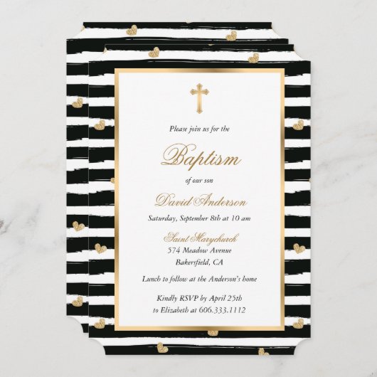 Modern Zwart Goud Kruis Harten Doop Kaart (Voorkant / Achterkant)