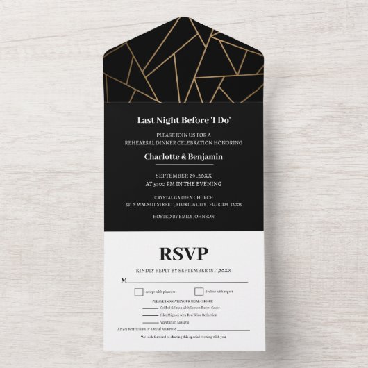 Modern Zwart & Goud Maaltijd Keuze Repetitie Diner All In One Uitnodiging (Binnen)