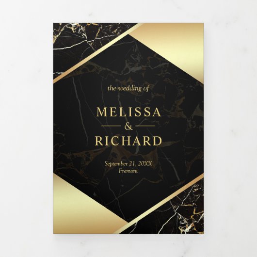 Modern Zwart Goud Marmer Ampersand Bruiloft Drieluik Uitnodiging (Cover)