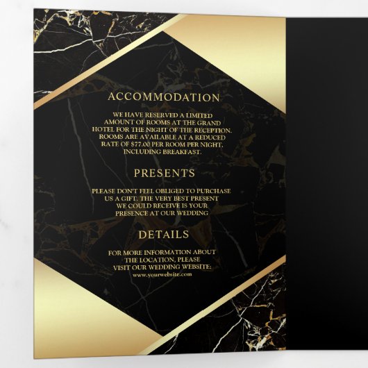 Modern Zwart Goud Marmer Ampersand Bruiloft Drieluik Uitnodiging (Binnenzijde eerst)
