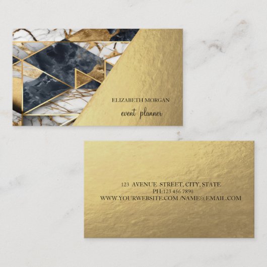 Modern Zwart Goud Marmer Geometrisch Visitekaartje (Voorkant / Achterkant)