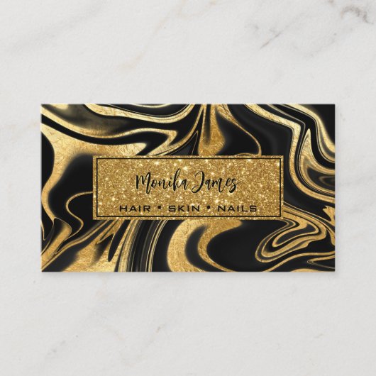 Modern Zwart Goud Marmer Glitter Goud Schoonheidss Visitekaartje (Voorkant)