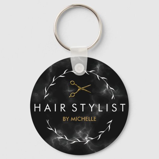Modern zwart goud marmer Haarstylist Sleutelhanger (Voorkant)
