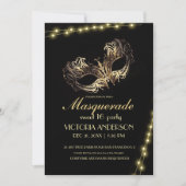 Modern Zwart Goud Masquerade Party Verjaardag 16e Kaart (Voorkant)