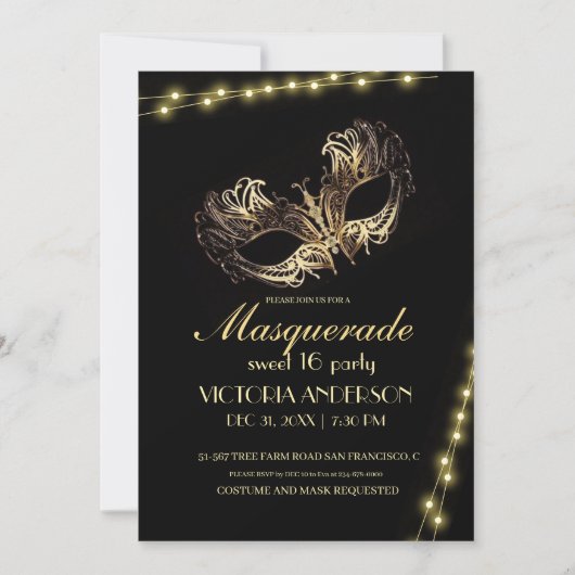 Modern Zwart Goud Masquerade Party Verjaardag 16e Kaart (Voorkant)