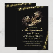 Modern Zwart Goud Masquerade Party Verjaardag 16e Kaart (Voorkant / Achterkant)