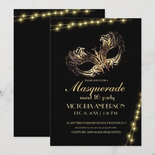 Modern Zwart Goud Masquerade Party Verjaardag 16e Kaart (Voorkant / Achterkant)