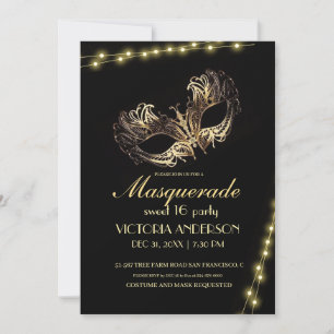 Modern Zwart Goud Masquerade Party Verjaardag 16e Kaart