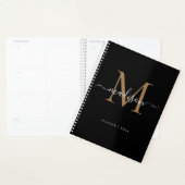 Modern Zwart Goud Meisje Monogram Script Naam 2024 Planner (Display)