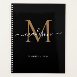 Modern Zwart Goud Meisje Monogram Script Naam 2024 Planner