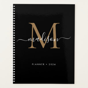 Modern Zwart Goud Meisje Monogram Script Naam 2024 Planner