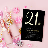 Modern zwart goud minimaal stijlvol 21e verjaardag folie uitnodiging