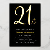 Modern zwart goud minimaal stijlvol 21e verjaardag folie uitnodiging (Voorkant)