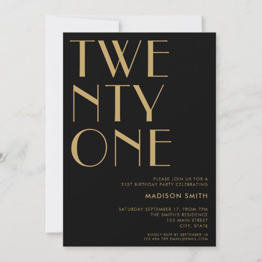 Modern Zwart Goud Minimalist Chic 21e Verjaardag Kaart (Voorkant)