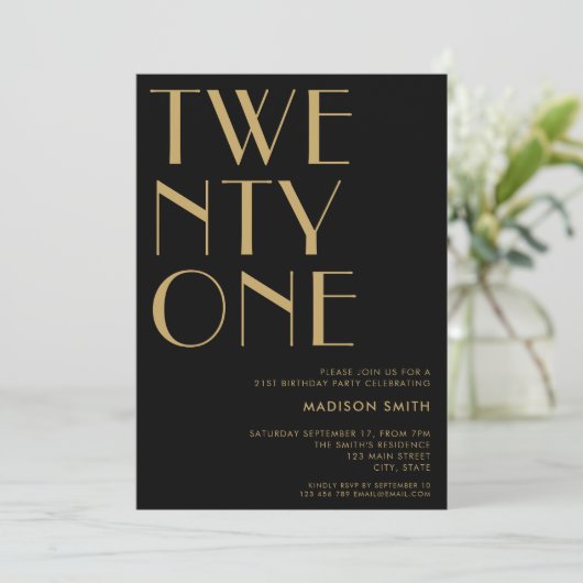 Modern Zwart Goud Minimalist Chic 21e Verjaardag Kaart (Staand voorkant)
