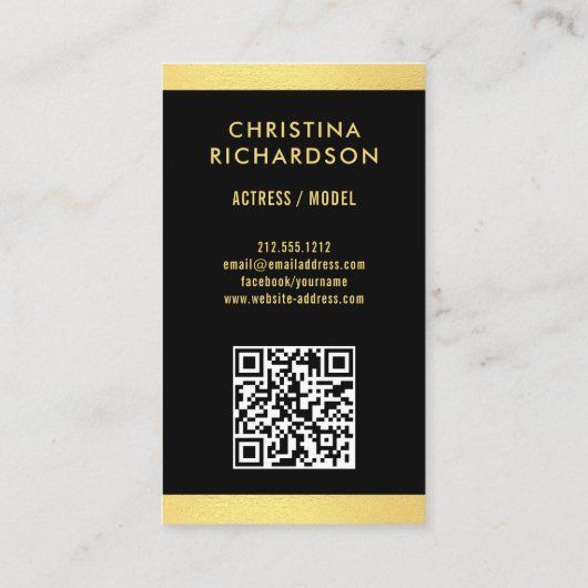 Modern Zwart Goud Model Actrice QR Code Foto Visitekaartje (Achterkant)