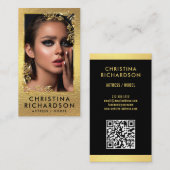 Modern Zwart Goud Model Actrice QR Code Foto Visitekaartje (Voorkant / Achterkant)