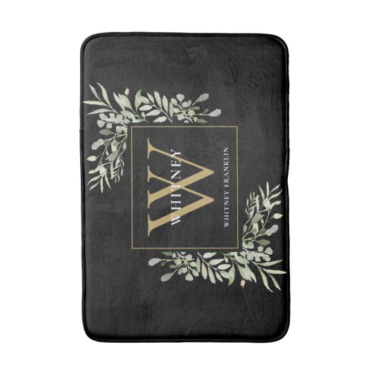 Modern zwart goud monogram groene bladeren badmat (Voorkant Verticaal)