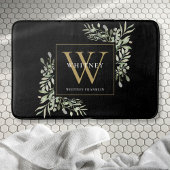 Modern zwart goud monogram groene bladeren badmat