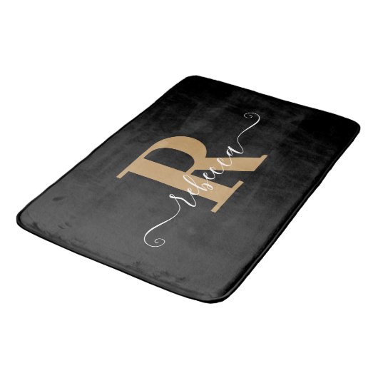 Modern Zwart Goud Monogram Hand Script Naam Bath M Badmat (Gekanteld)